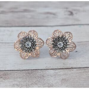 Vintage Screw On Earrings - Two Tone Flower with Clear Gem